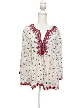 GAP Embroidered Boho Blouse Women’s XL White Floral 3/4 Sleeve